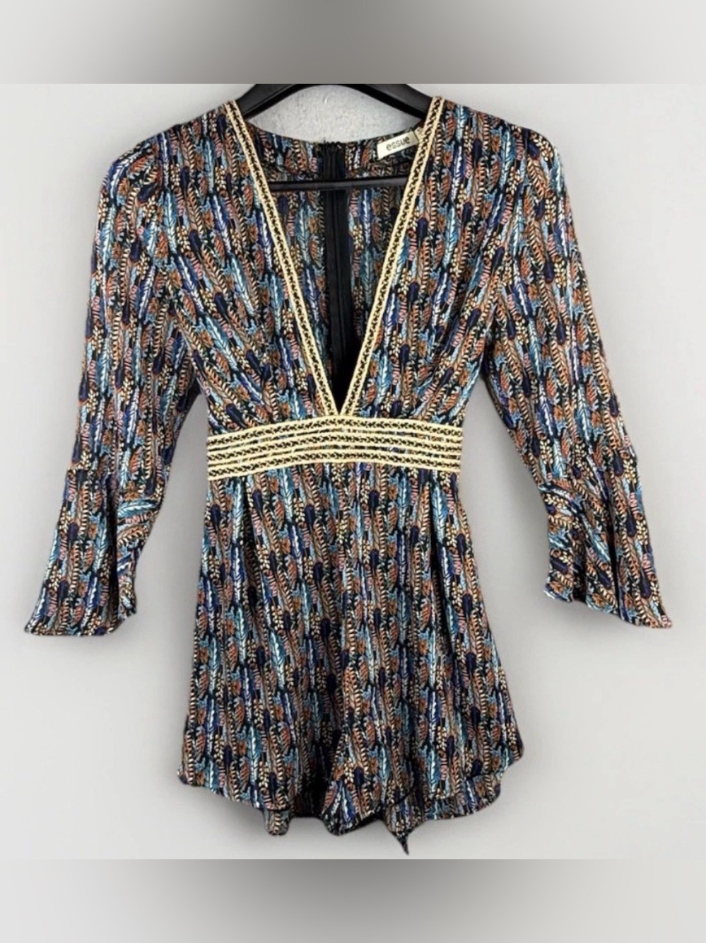 Essue Women's Romper Sz Small Vibrant Feather Print Embroidered Neckline Boho